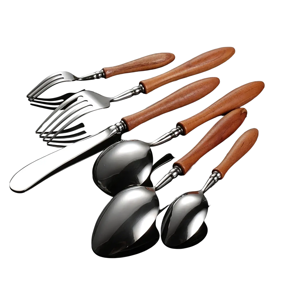 Set of stainless steel cutlery with warm-toned wooden handles for elegant dining and everyday use