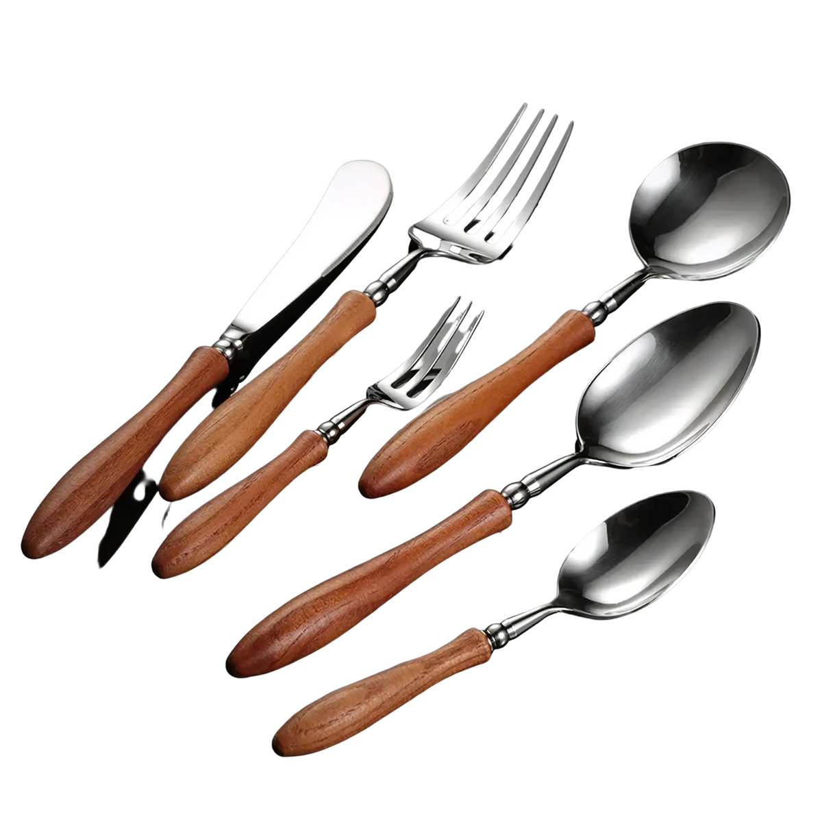 Set of stainless steel cutlery with warm-toned wooden handles ideal for stylish dining and kitchen use