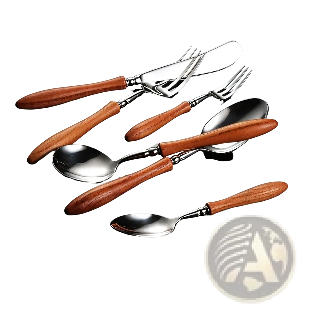 Set of elegant stainless steel cutlery with warm brown wooden handles for dining use