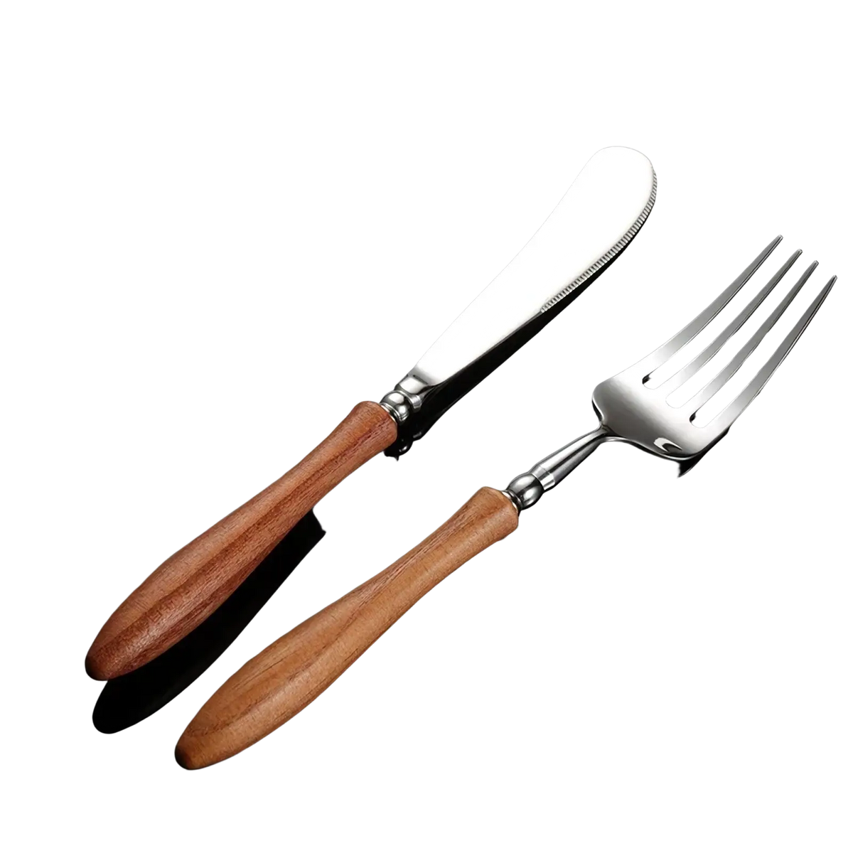 A pair of elegant stainless steel serving utensils with warm polished wooden handles from a wooden handle cutlery set