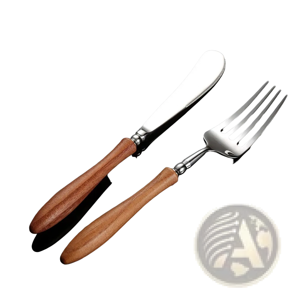 A pair of elegant stainless steel serving utensils with warm polished wooden handles from a wooden handle cutlery set