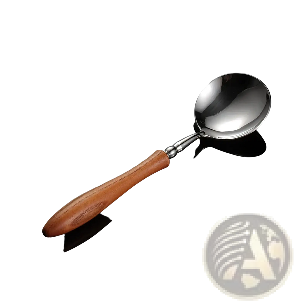 A sleek stainless steel serving spoon with a warm polished wooden handle from the wooden handle stainless steel cutlery set