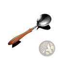 A sleek stainless steel serving spoon with a warm polished wooden handle from the wooden handle stainless steel cutlery set