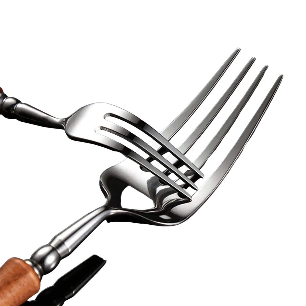 Wooden handle stainless steel fork with a shiny polished reflective surface and elegant brown wooden handle
