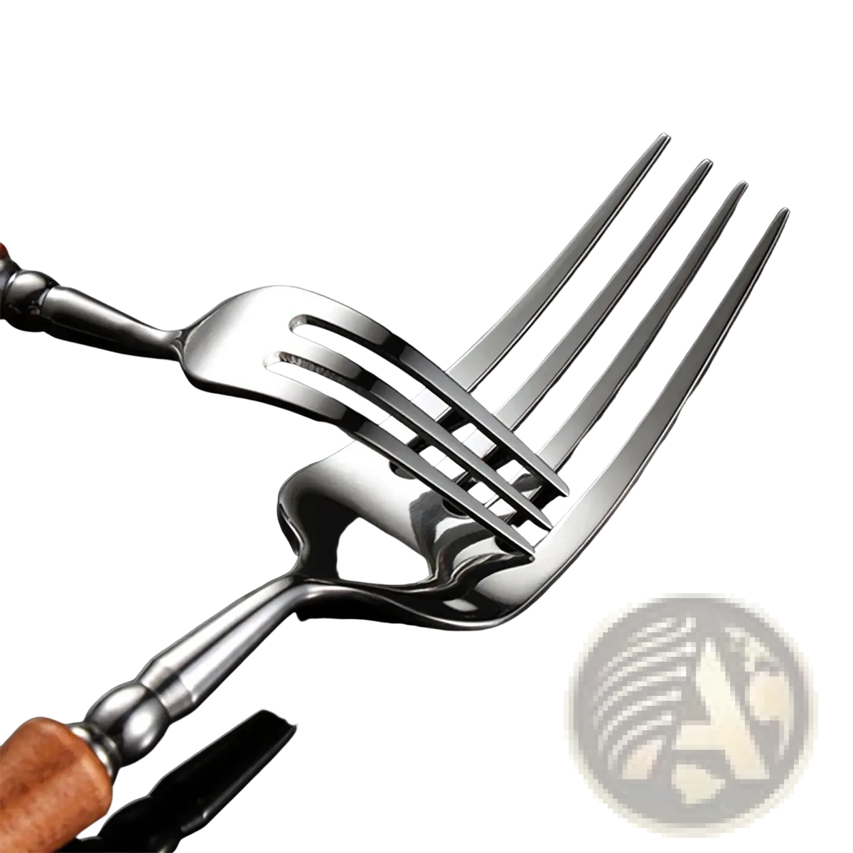 Wooden handle stainless steel fork with a shiny polished reflective surface and elegant brown wooden handle