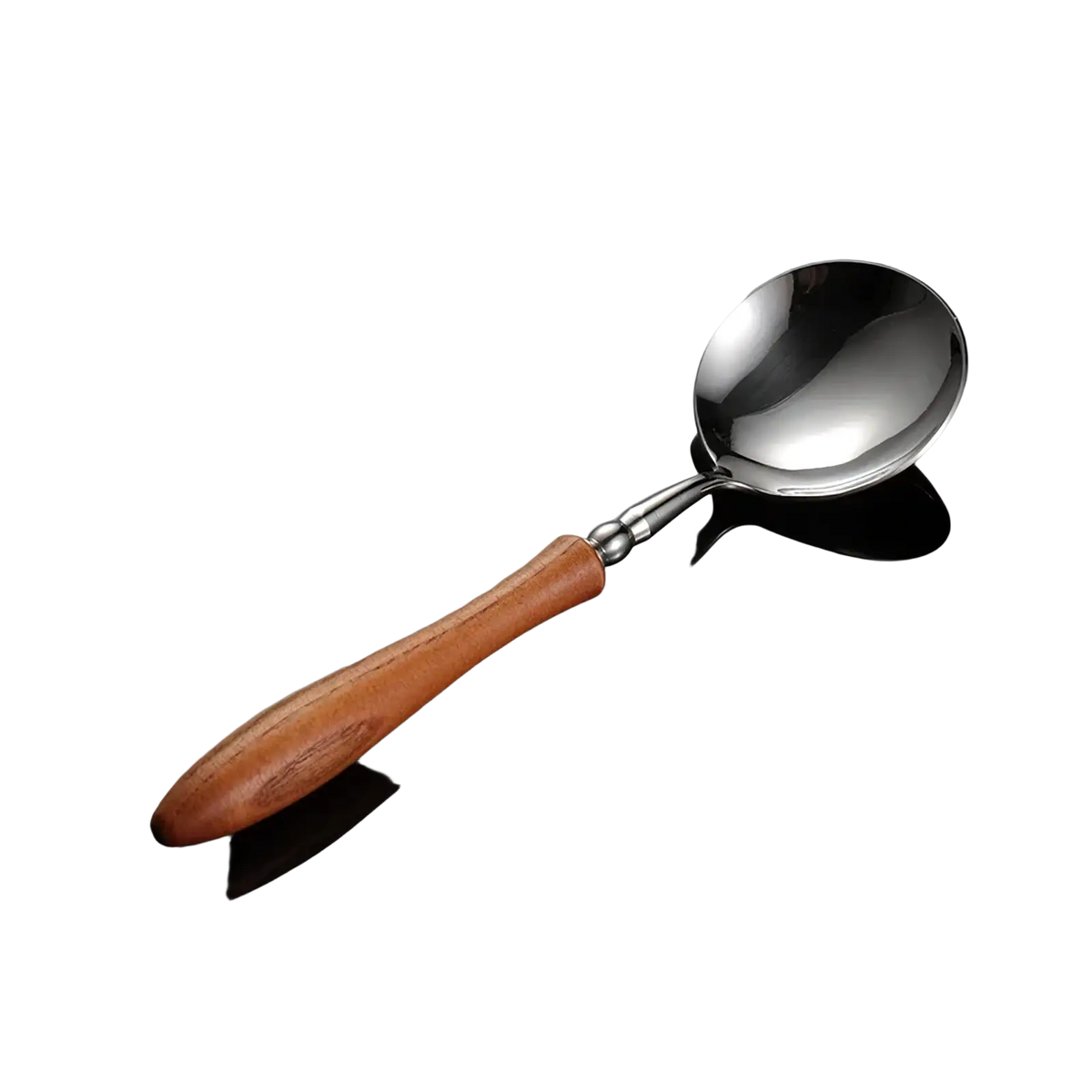 A sleek stainless steel serving spoon with a warm polished wooden handle from the wooden handle stainless steel cutlery set