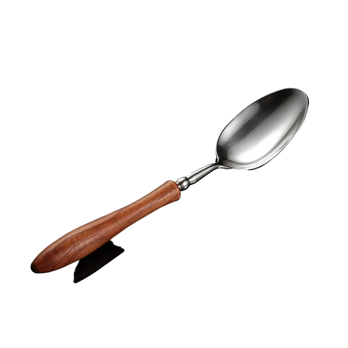 A sleek stainless steel spoon with a warm polished wooden handle from a wooden handle stainless steel cutlery set