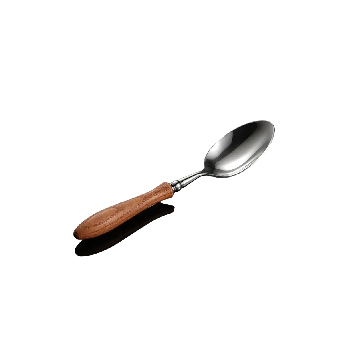 A sleek stainless steel spoon with a warm polished wooden handle from a wooden handle stainless steel cutlery set