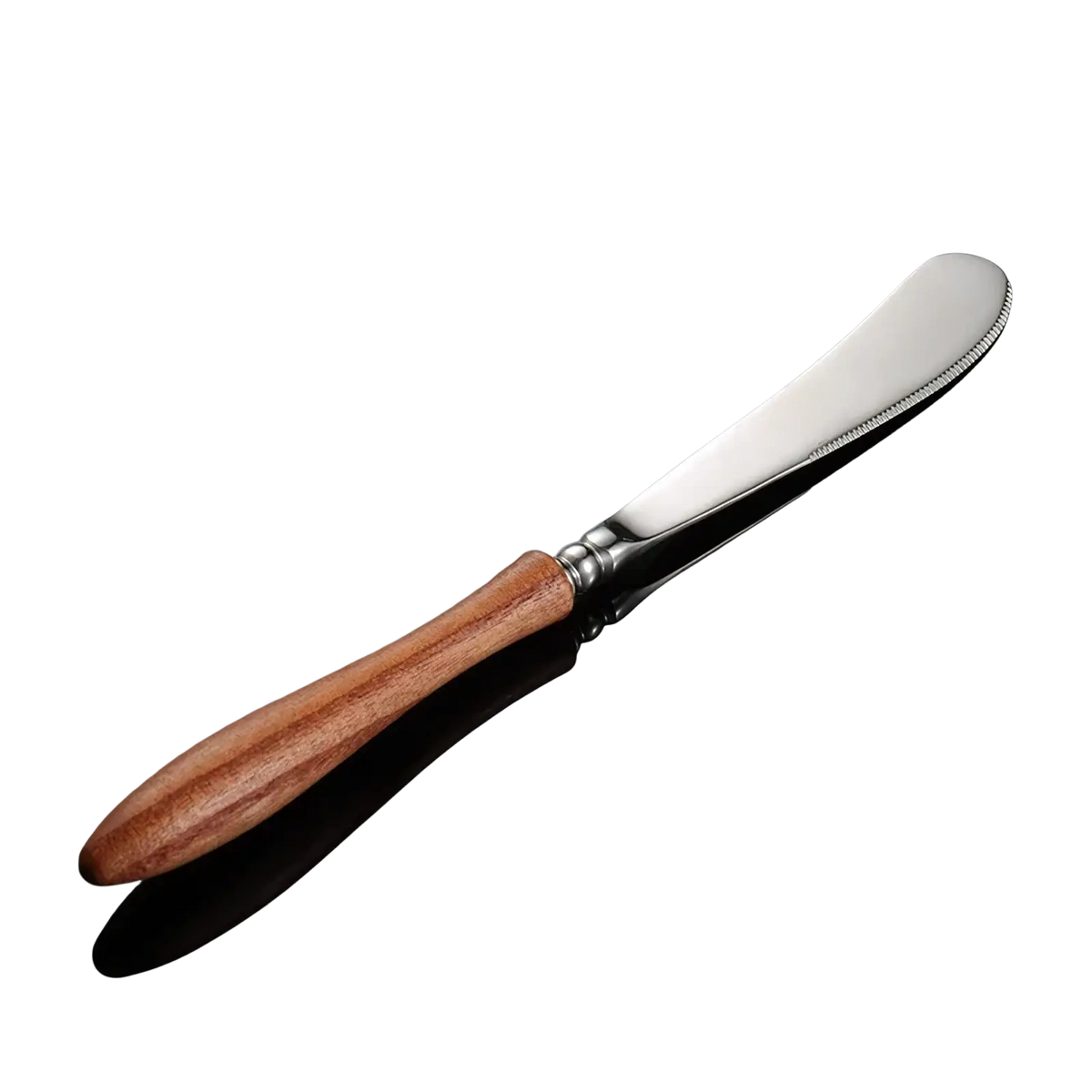 A sleek stainless steel butter knife with a polished wooden handle and serrated edge from wooden handle stainless steel cutlery set