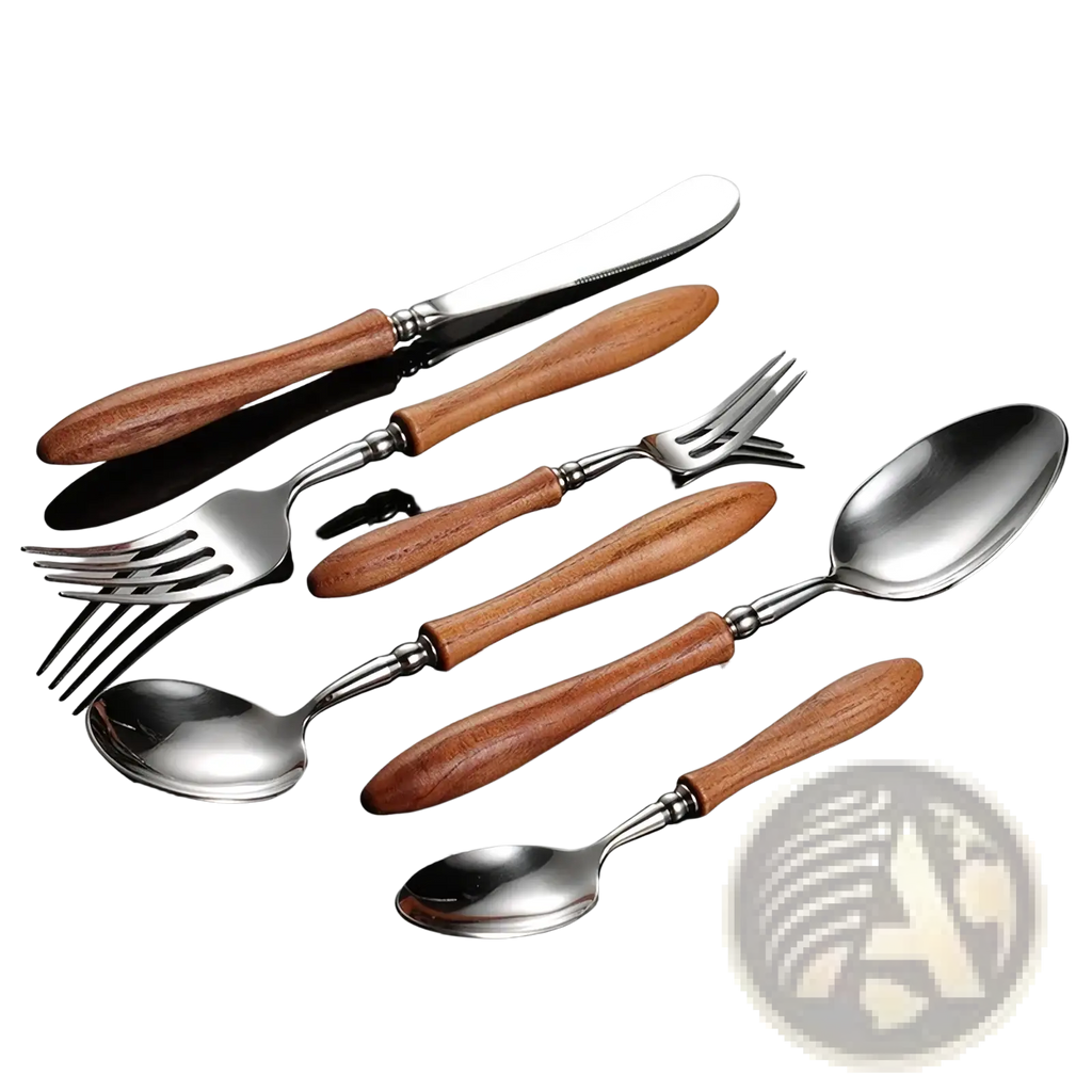 Set of stainless steel cutlery with warm-toned wooden handles for elegant dining and daily use