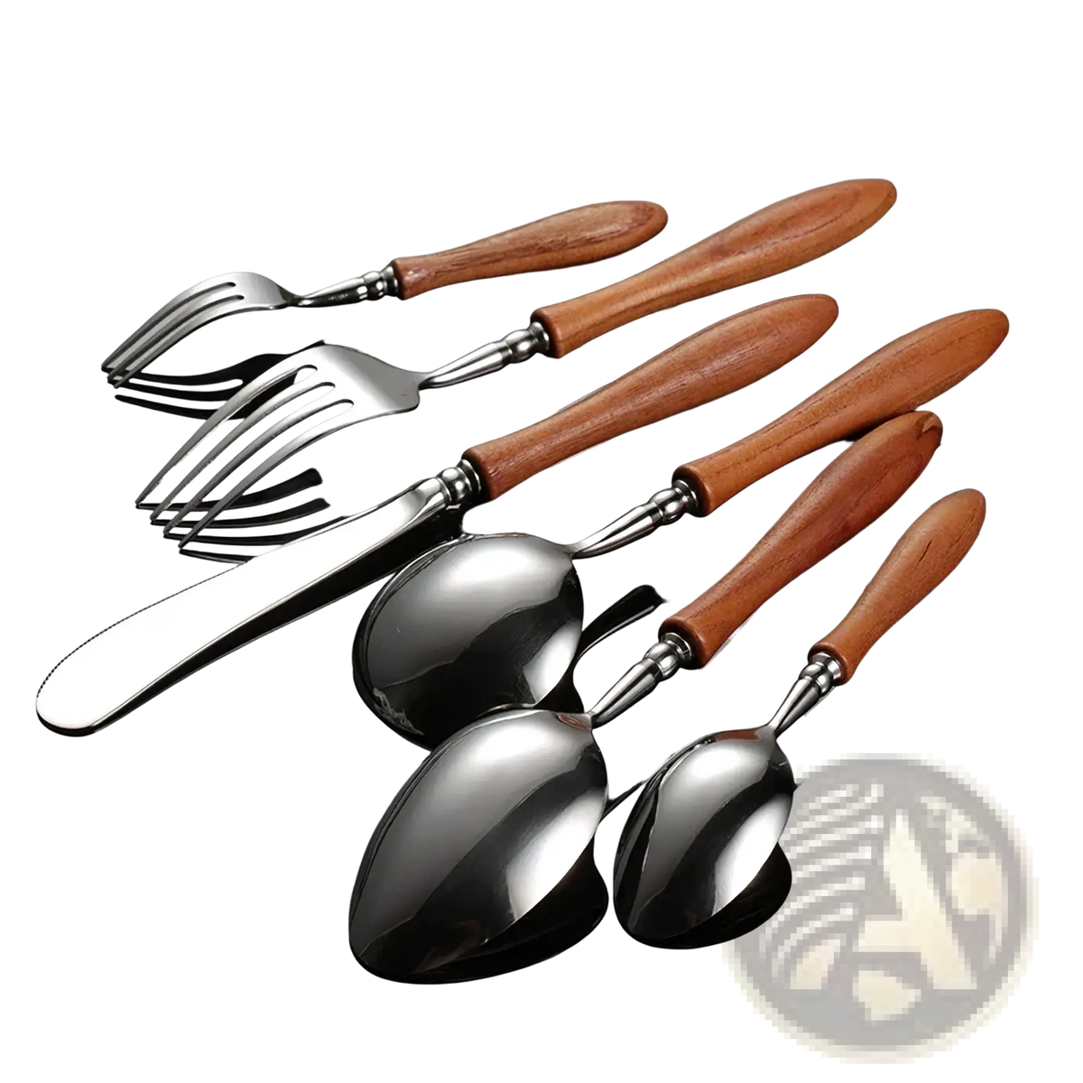 Set of stainless steel cutlery with warm-toned wooden handles for elegant dining and everyday use