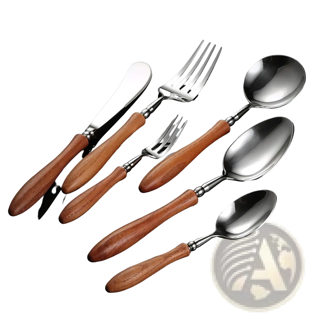 Set of stainless steel cutlery with warm-toned wooden handles ideal for stylish dining and kitchen use