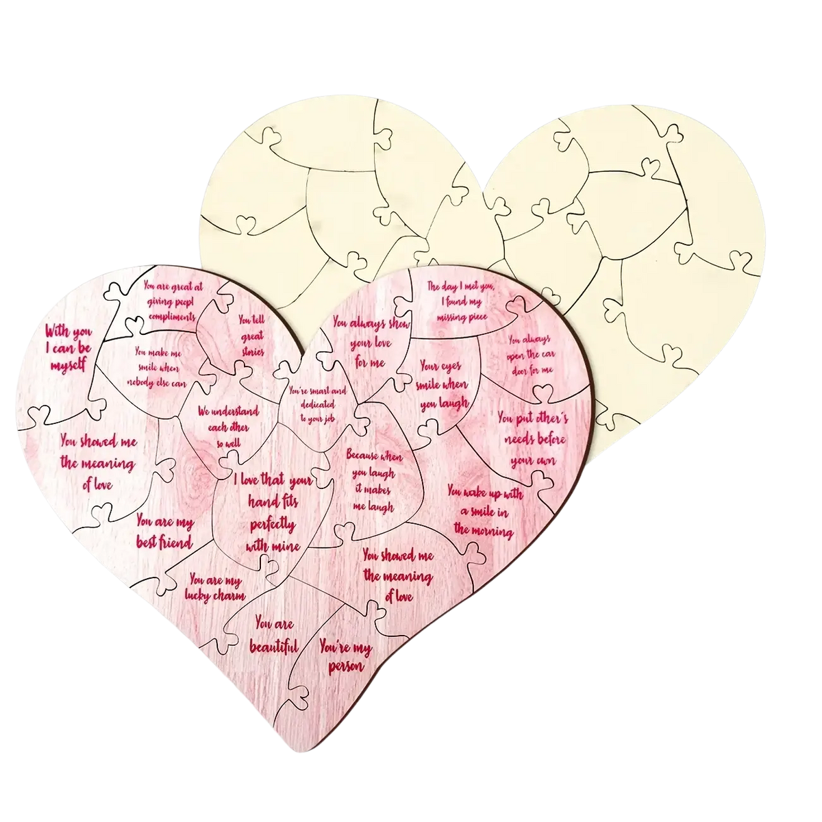 Wooden heart puzzle valentine decor featuring pink and cream heart-shaped pieces with romantic love messages printed
