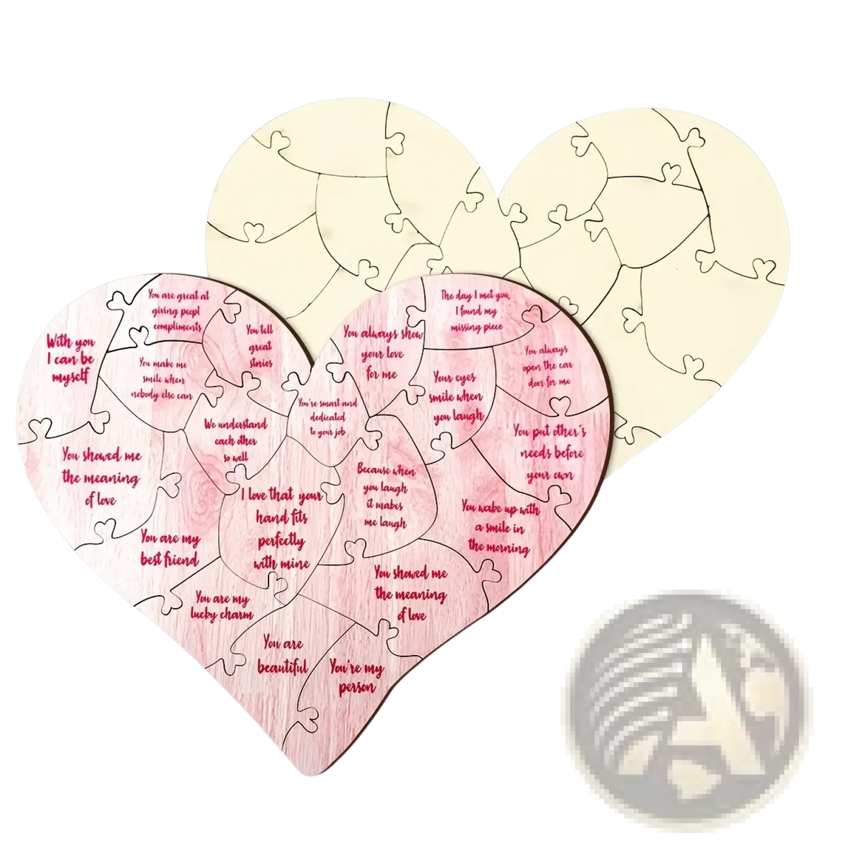 Wooden heart puzzle valentine decor featuring pink and cream heart-shaped pieces with romantic love messages printed