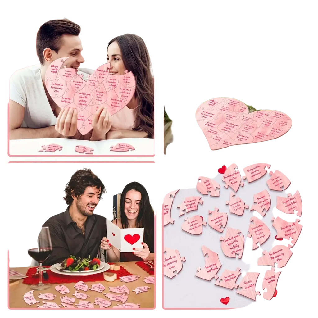 Wooden heart puzzle valentine decor featuring pink heart-shaped pieces with romantic messages printed on them