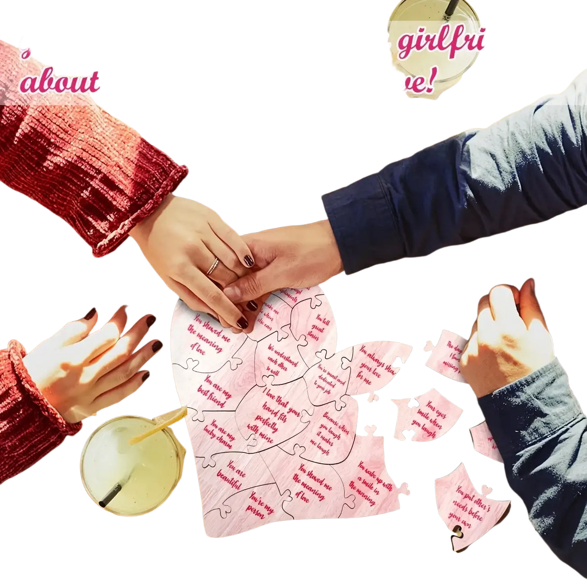 Pink wooden heart-shaped puzzle with romantic messages printed on each piece for valentine decor