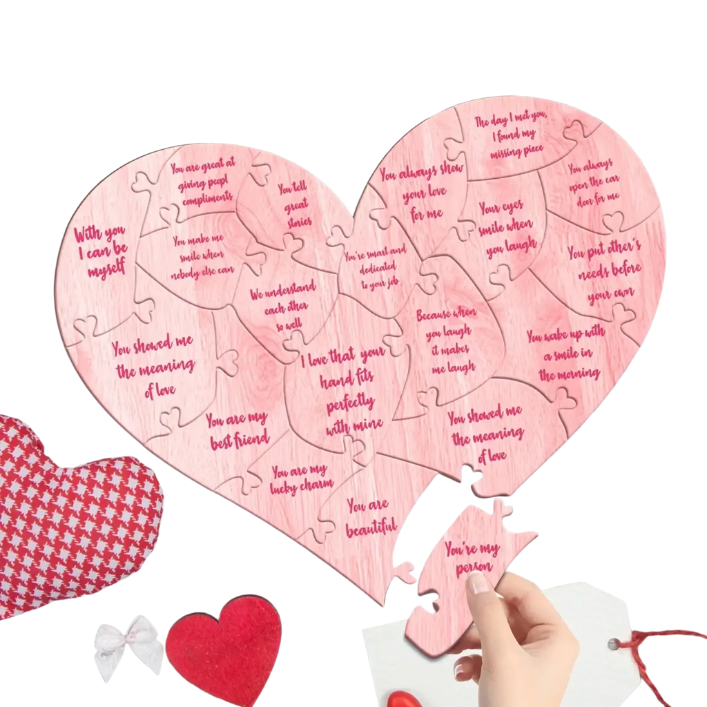 Pink wooden heart puzzle with engraved romantic messages for valentine decor and gift giving