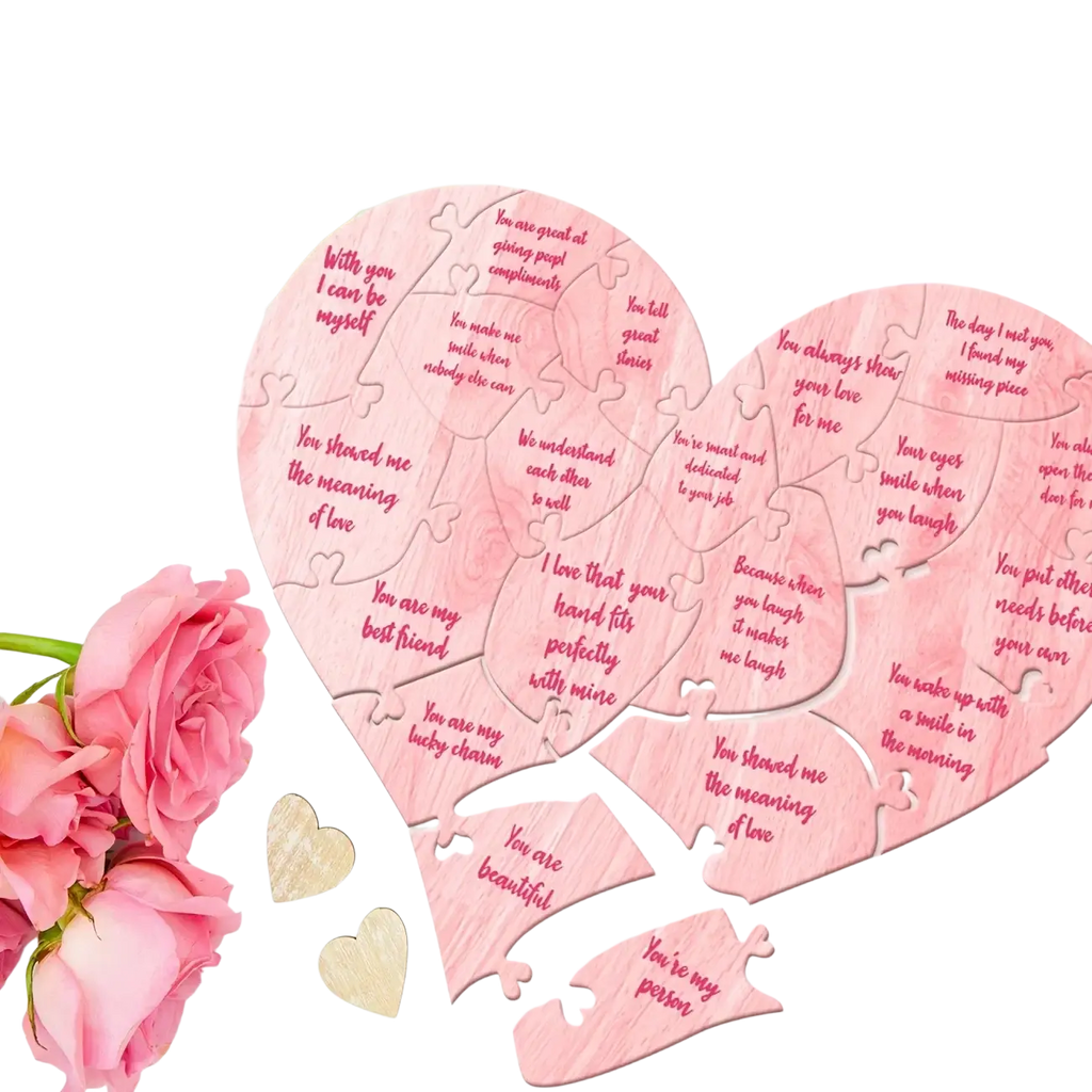 Pink wooden heart puzzle with engraved romantic messages for valentine decor and gift giving