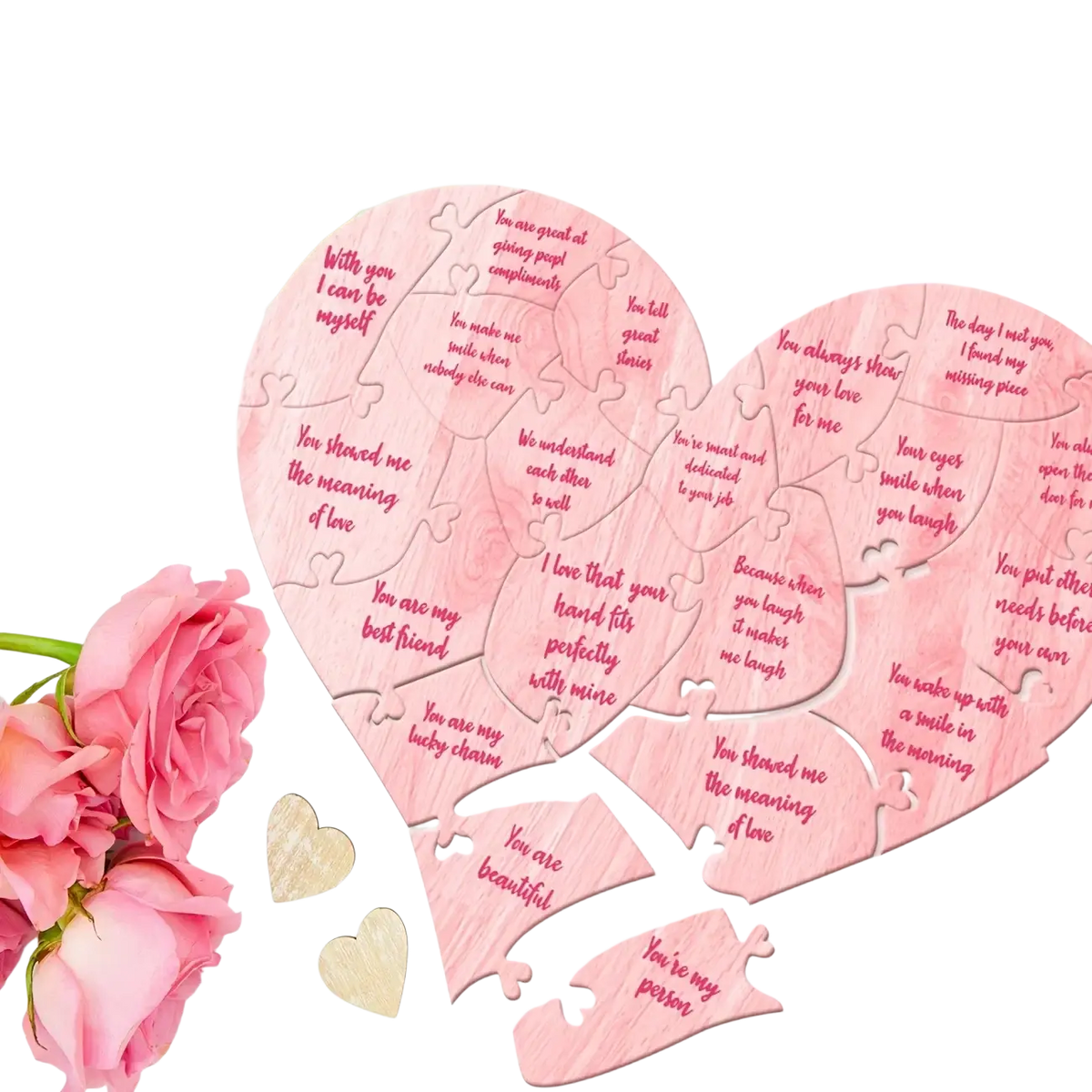 Pink wooden heart puzzle with engraved romantic messages for valentine decor and gift giving