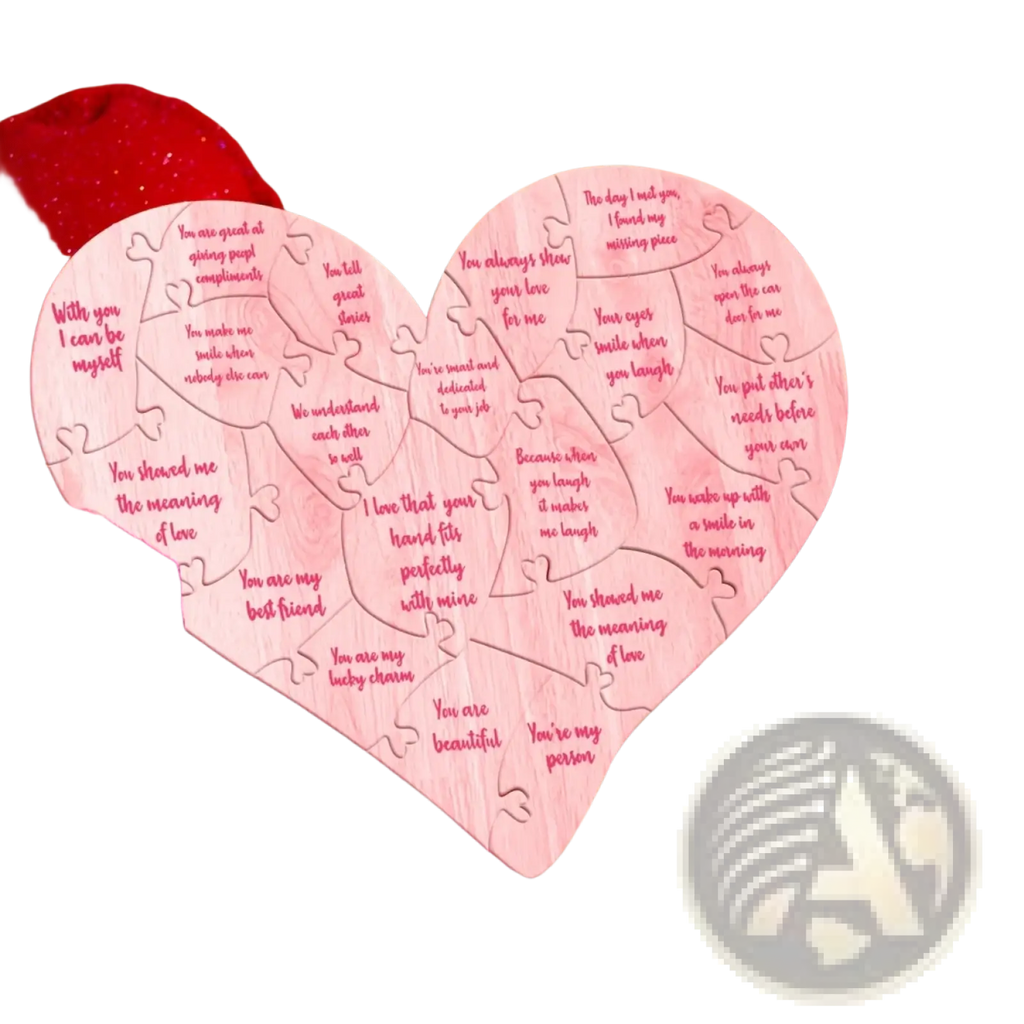 Pink wooden heart puzzle with engraved romantic messages designed as valentine decor centerpiece