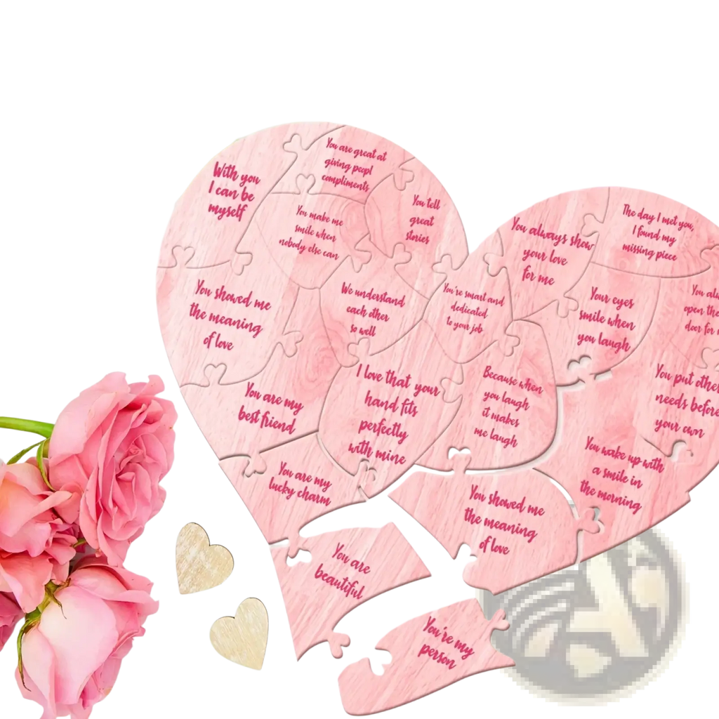 Pink wooden heart puzzle with engraved romantic messages for valentine decor and gift giving