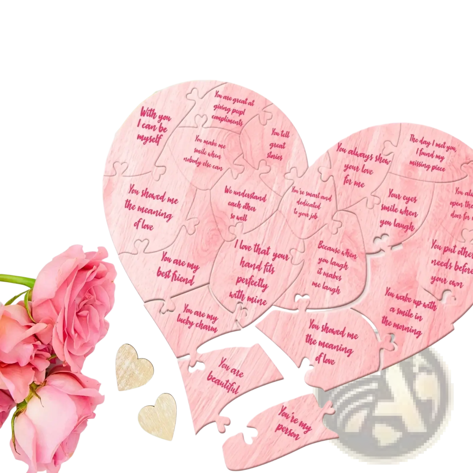 Pink wooden heart puzzle with engraved romantic messages for valentine decor and gift giving