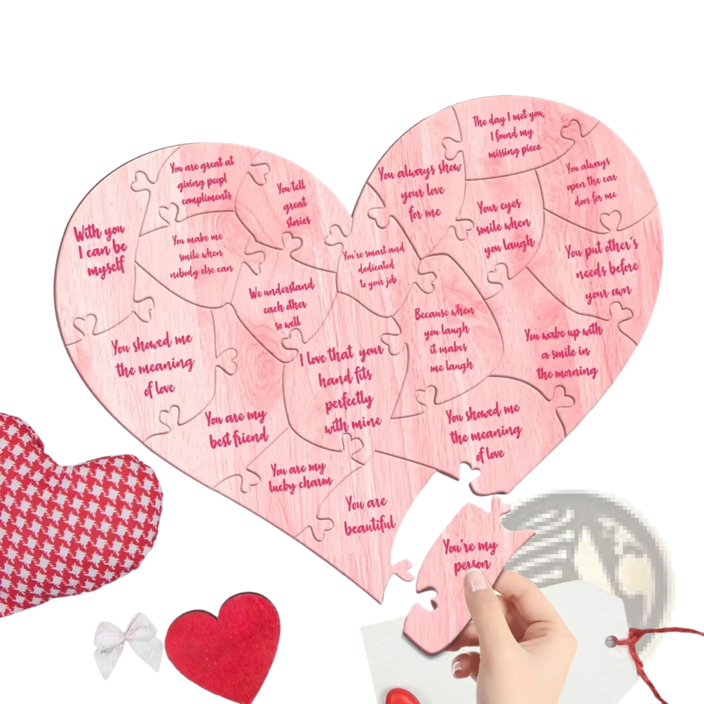 Pink wooden heart puzzle with engraved romantic messages for valentine decor and gift giving