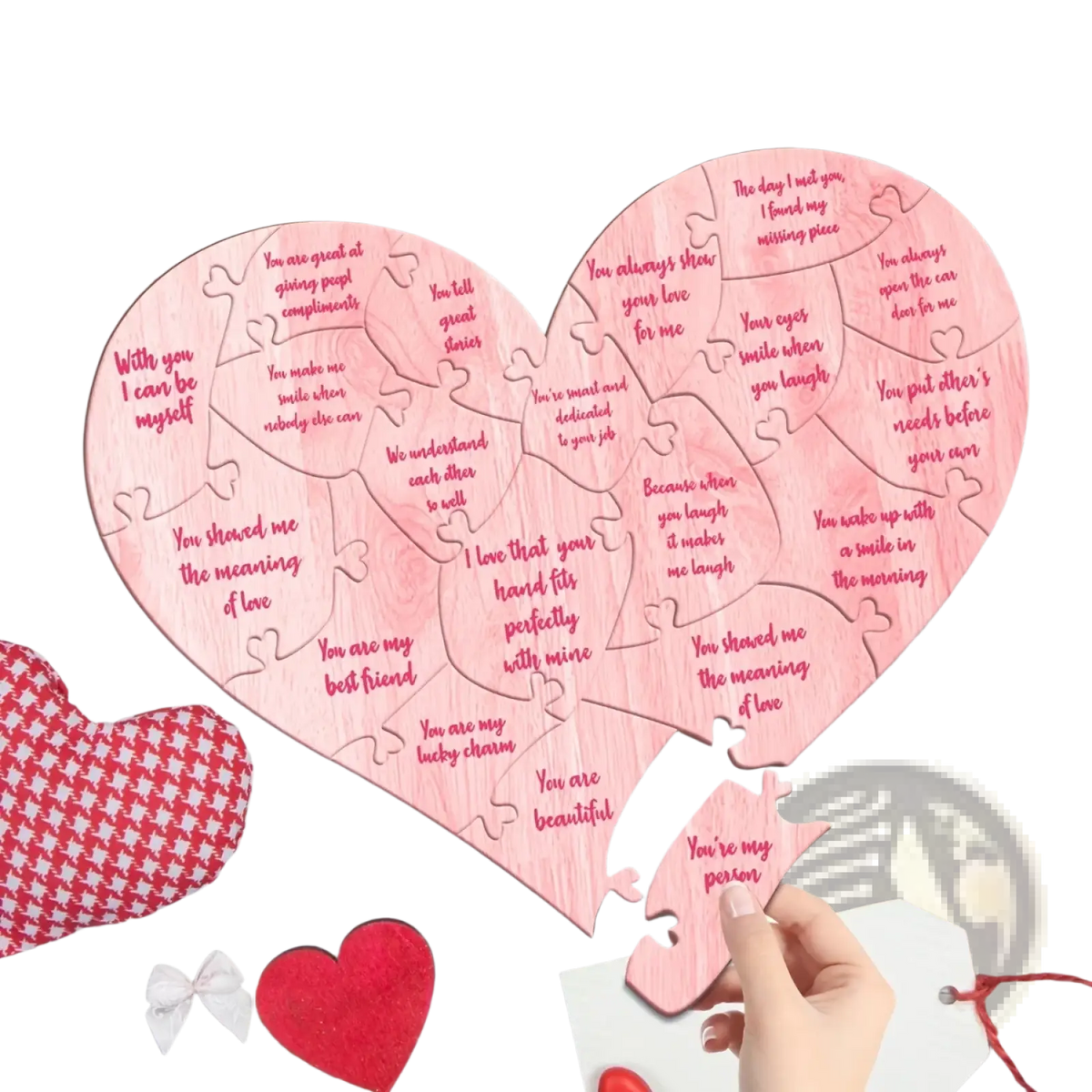 Pink wooden heart puzzle with engraved romantic messages for valentine decor and gift giving