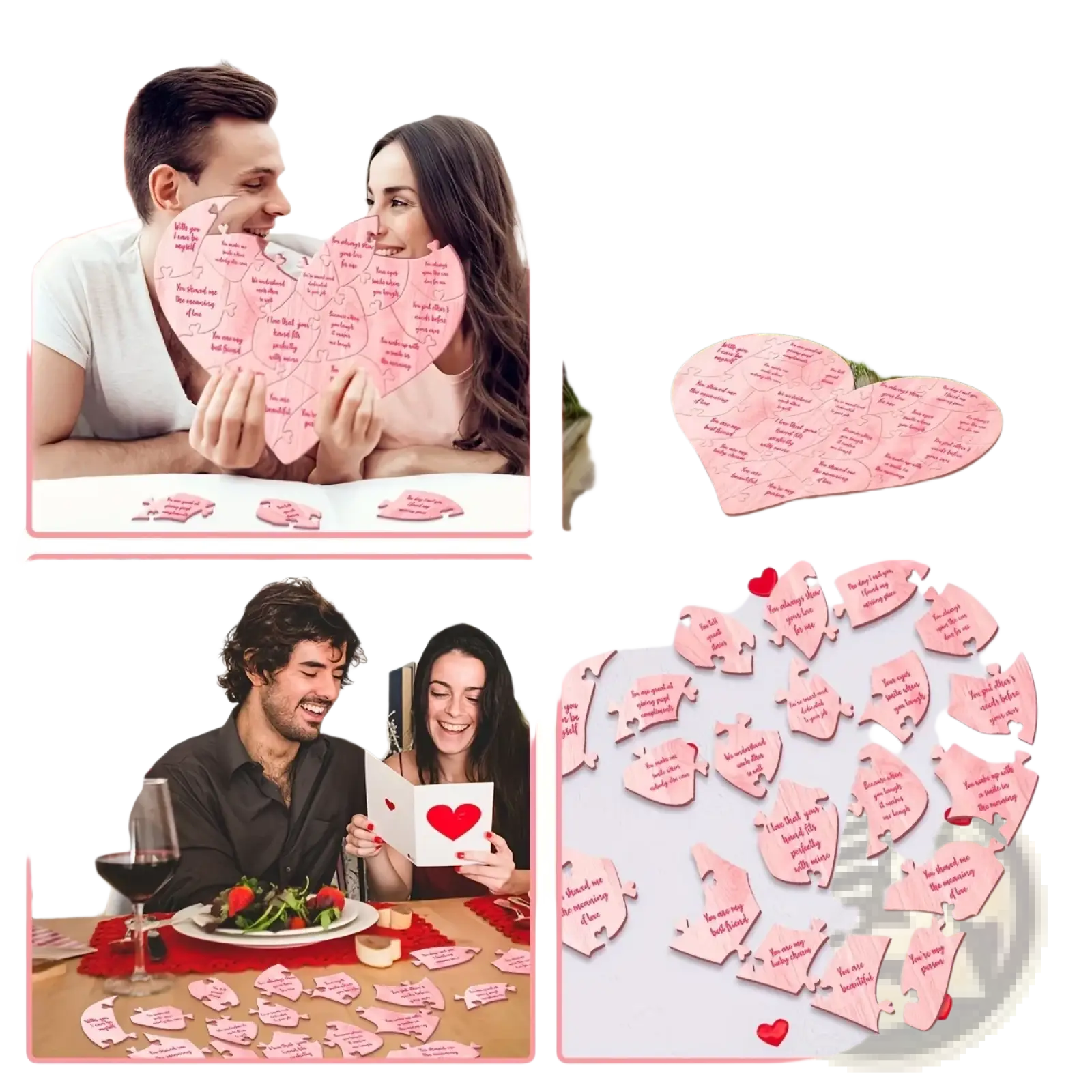 Wooden heart puzzle valentine decor featuring pink heart-shaped pieces with romantic messages printed on them