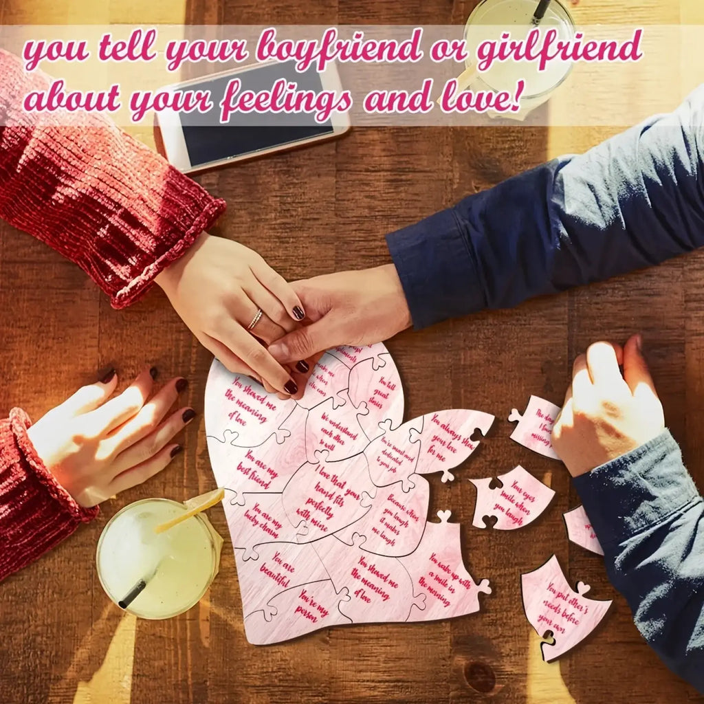 Pink wooden heart-shaped puzzle with romantic messages printed on each piece for valentine decor