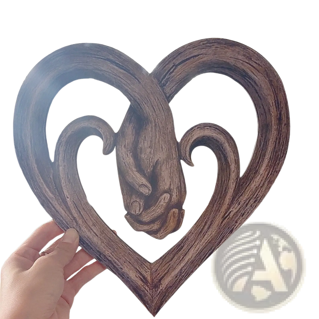 A rustic wooden heart wall decor with intertwined carved hands in dark brown finish and visible wood grain