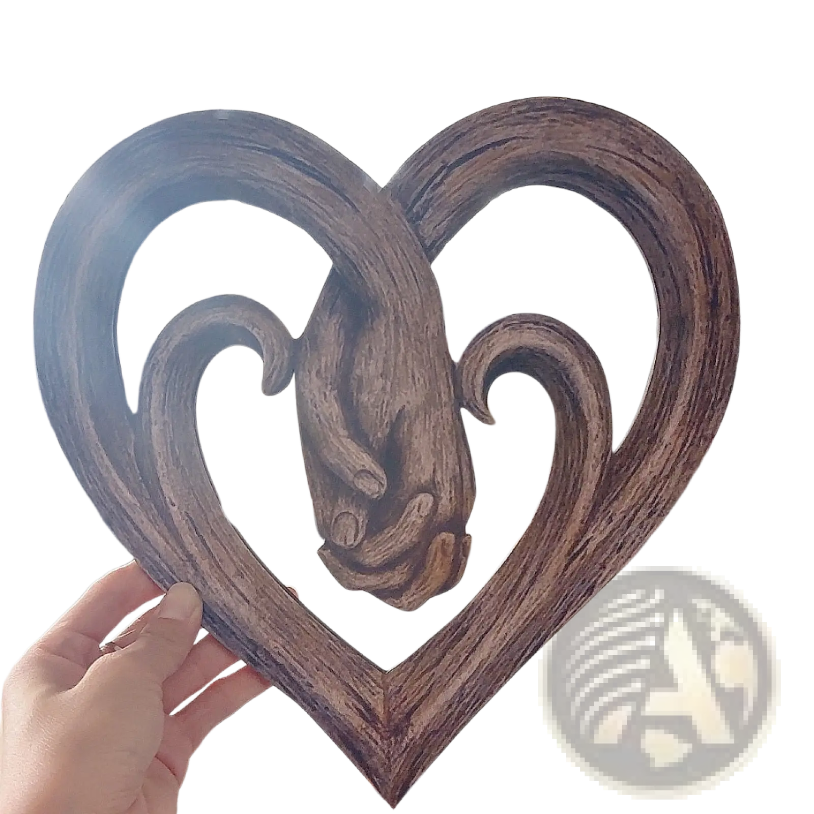 A rustic wooden heart wall decor with intertwined carved hands in dark brown finish and visible wood grain