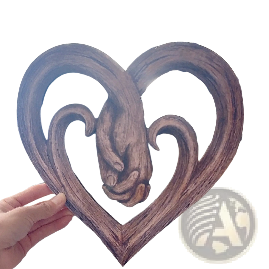 Rustic wooden heart wall decor with carved central design of two intertwined hands sculpture in natural wood tone