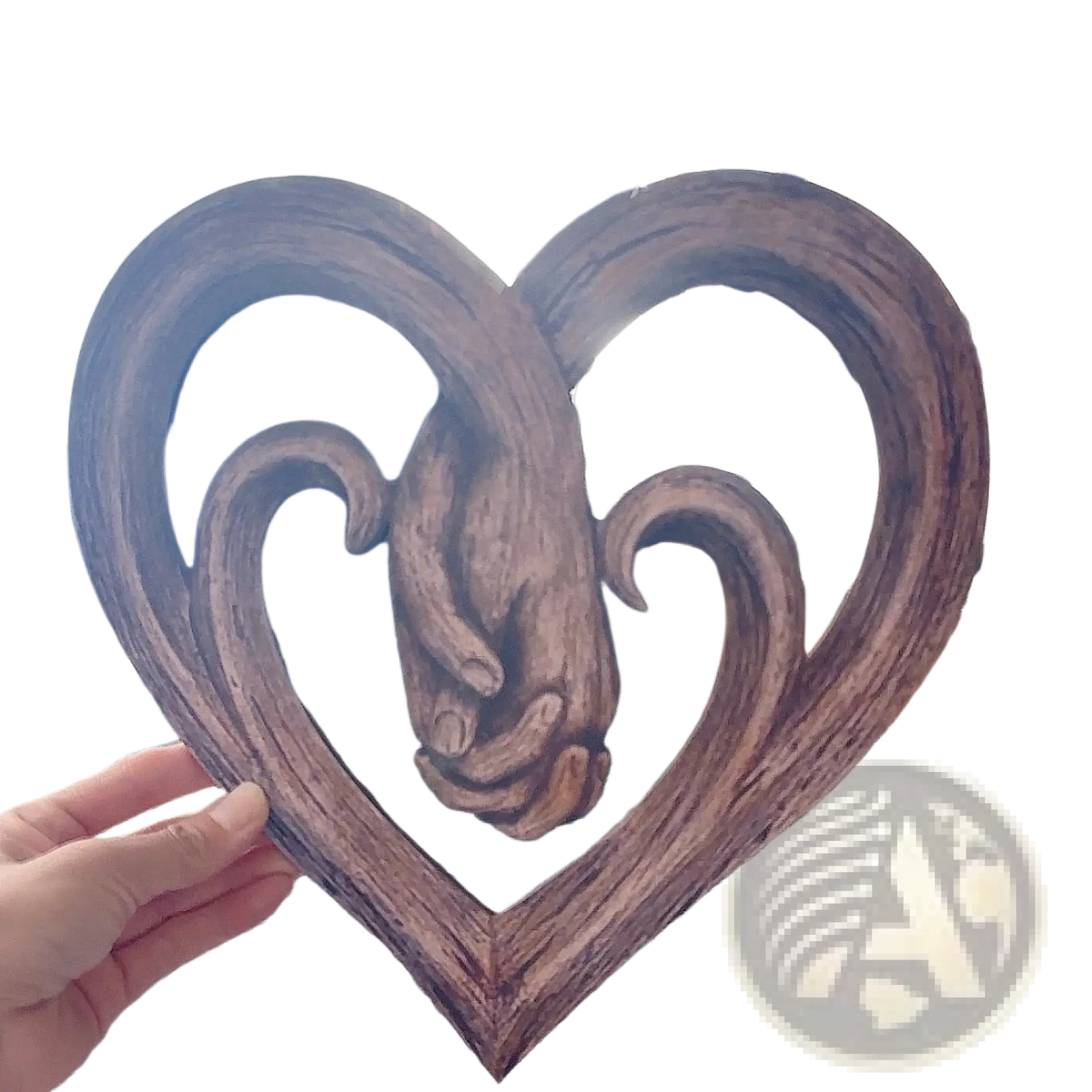 Rustic wooden heart wall decor with carved central design of two intertwined hands sculpture in natural wood tone