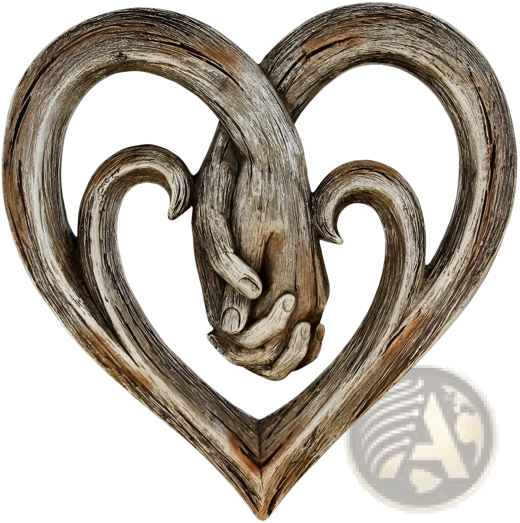 Wooden heart wall decor sculpture featuring intertwined hands with a rustic weathered wood textured finish
