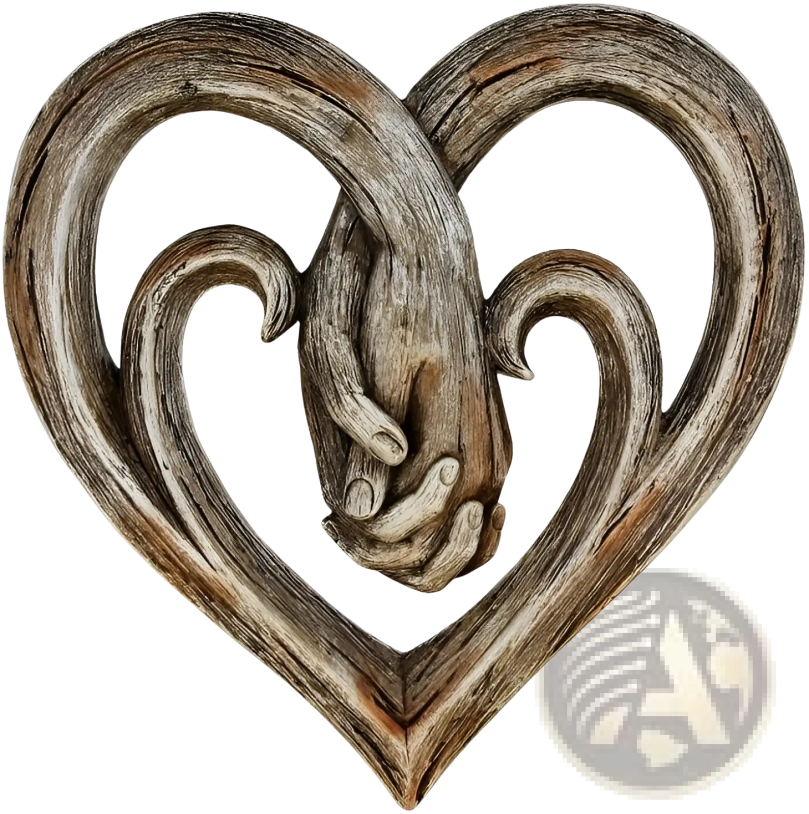 Wooden heart wall decor sculpture featuring intertwined hands with a rustic weathered wood textured finish