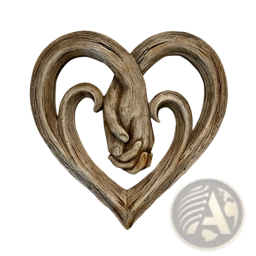 Rustic wooden heart wall decor featuring intertwined hands sculpture in natural wood finish for home decoration