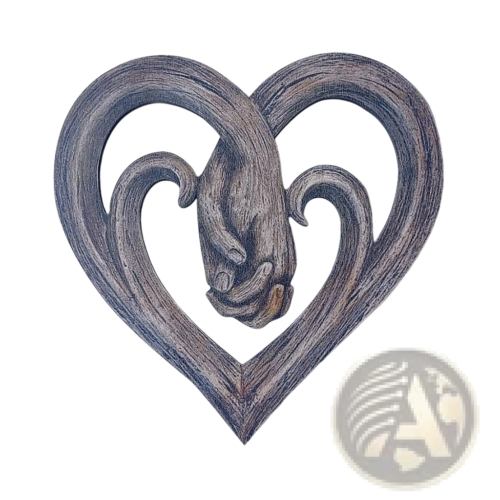 Rustic wooden heart wall decor featuring a carved hand holding another hand in natural wood finish