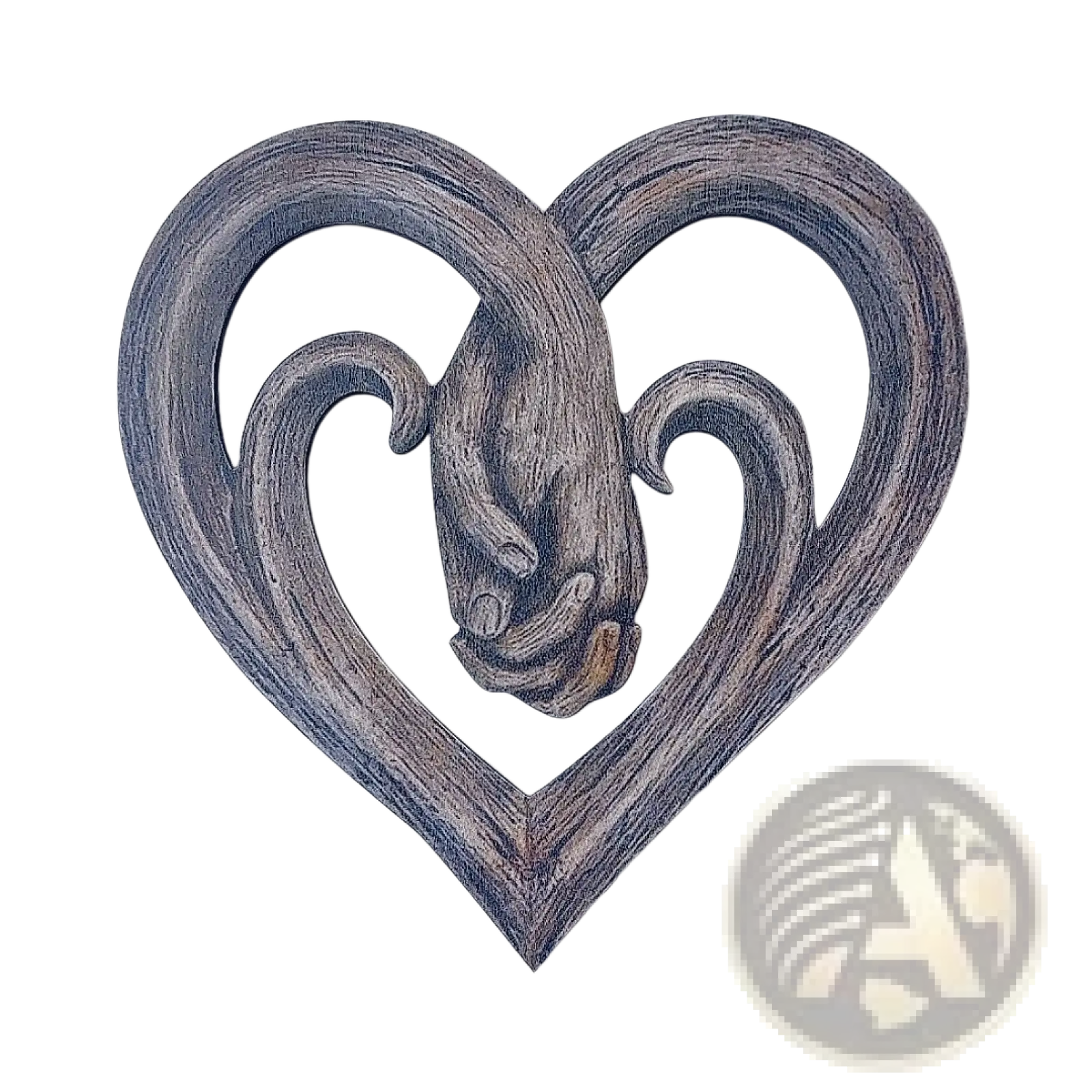 Rustic wooden heart wall decor featuring a carved hand holding another hand in natural wood finish