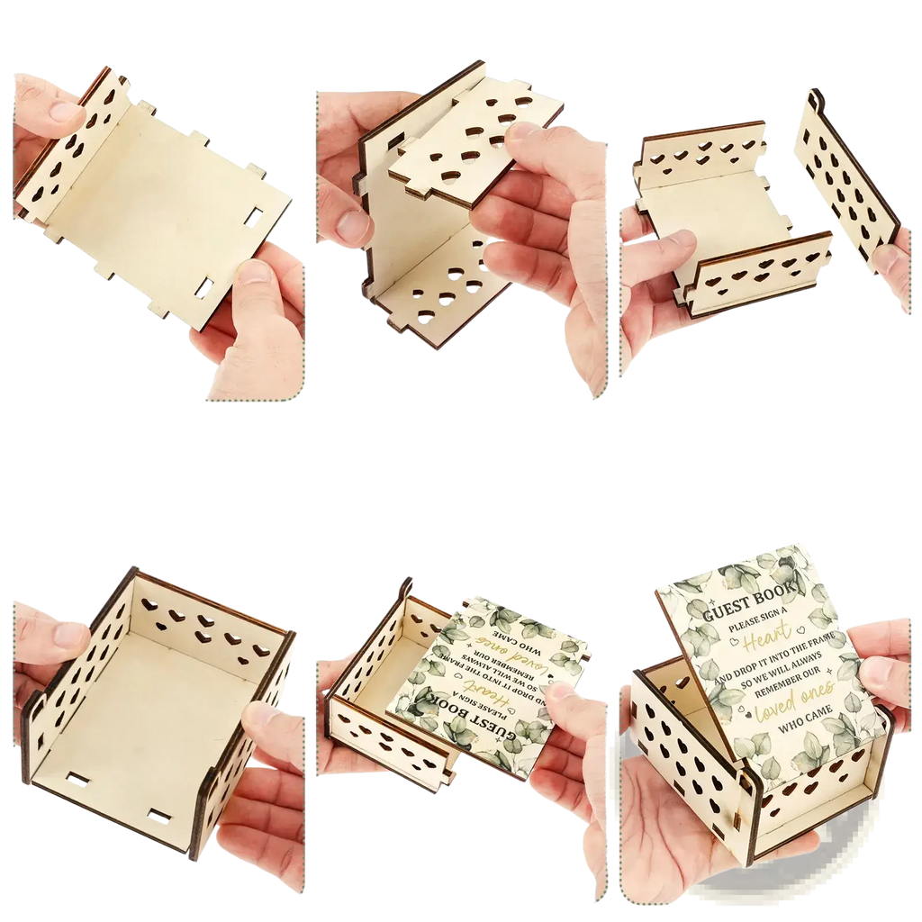Wooden heart wedding guest book drop box frame made of light-colored wood with heart-patterned insert and laser-cut sides