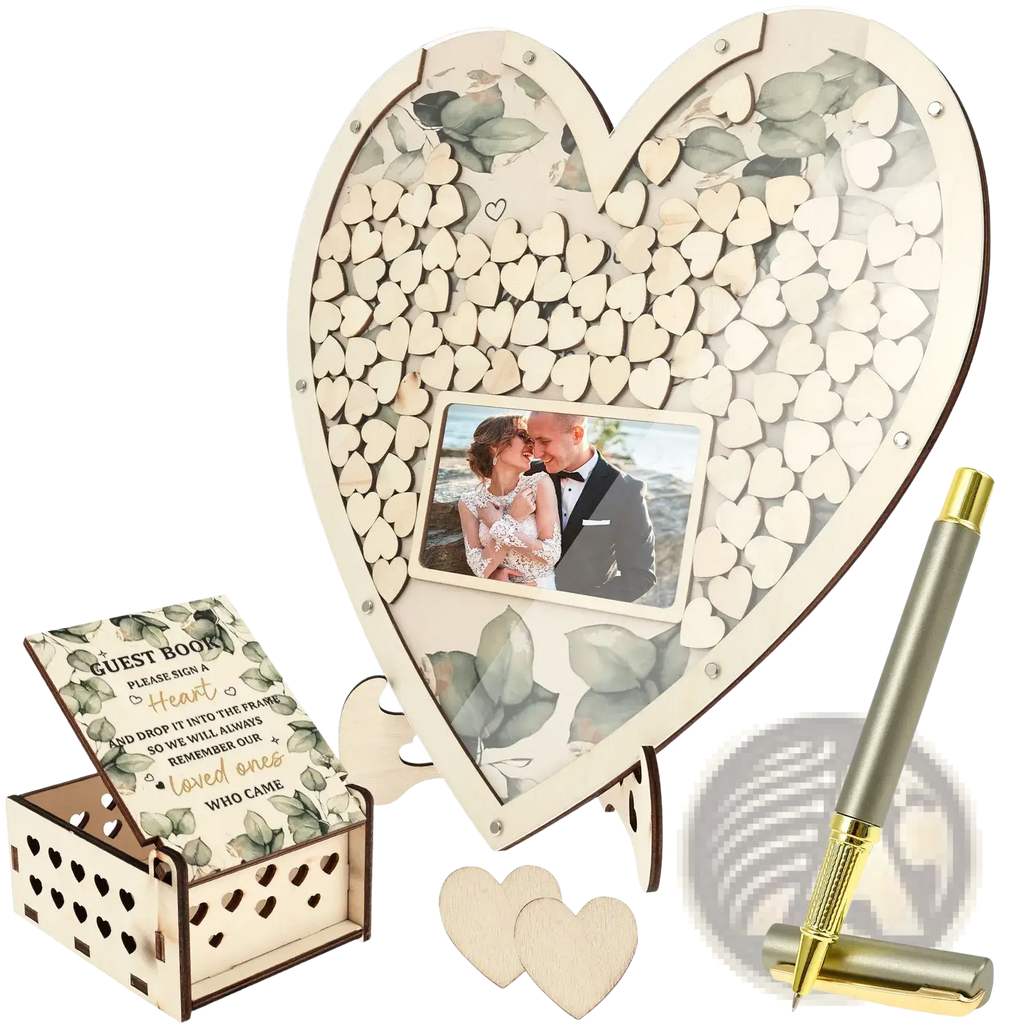 Wooden heart wedding guest book drop box frame with a central photo slot and small heart cutouts for signing