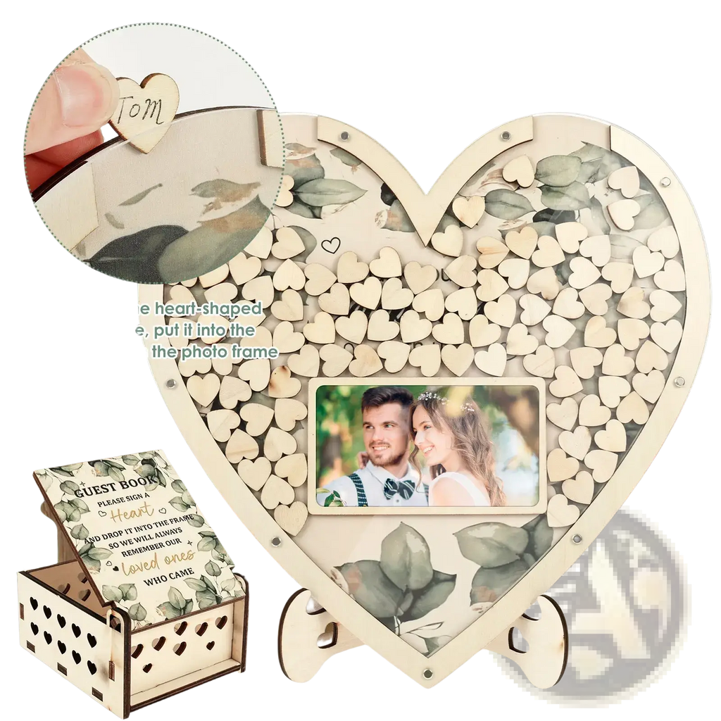 Wooden heart wedding guest book drop box frame with natural wood finish, heart-shaped design, photo slot, and signature cutouts