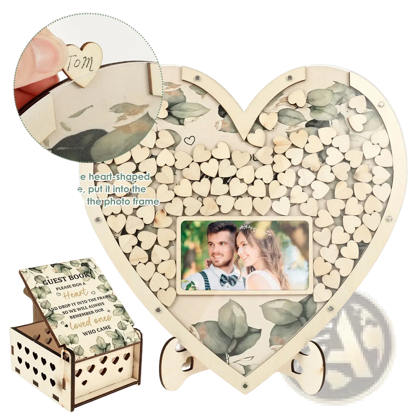 Wooden heart wedding guest book drop box frame with natural wood finish, heart-shaped design, photo slot, and signature cutouts