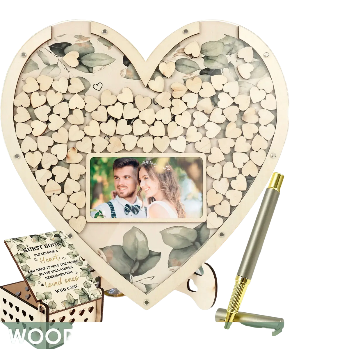 Wooden heart wedding guest book drop box frame with central photo frame and small heart cutouts for blessings