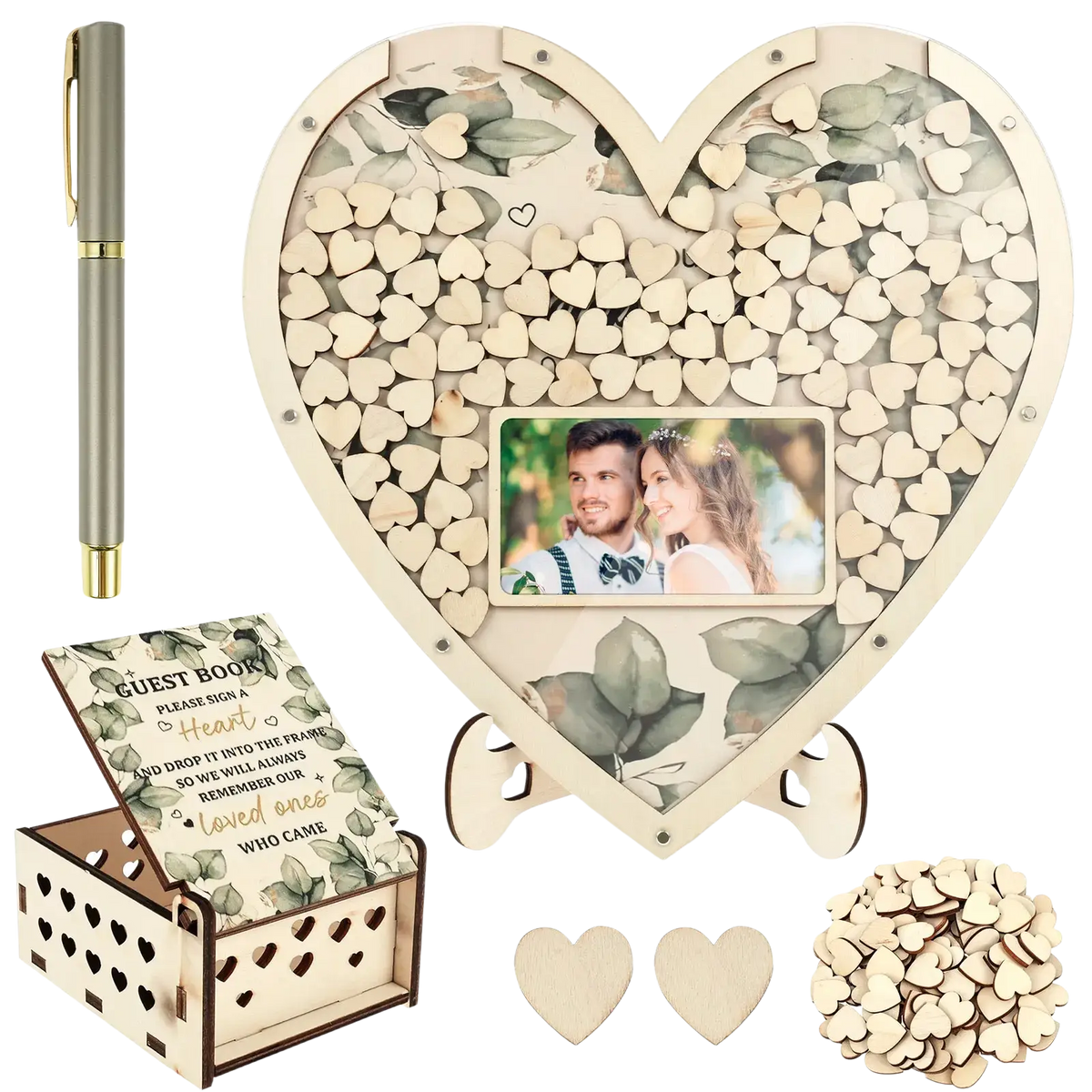Wooden heart wedding guest book drop box frame with central photo slot decorative leaf pattern and matching wooden tokens