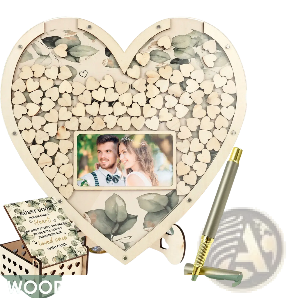 Wooden heart wedding guest book drop box frame with central photo frame and small heart cutouts for blessings