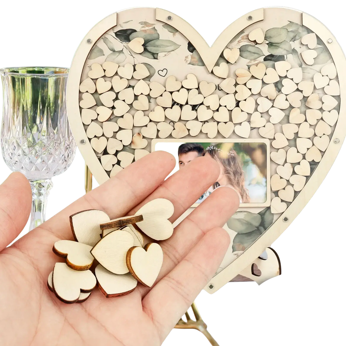 Wooden heart wedding guest book drop box frame with clear panel filled with light heart tokens and inset photo slot