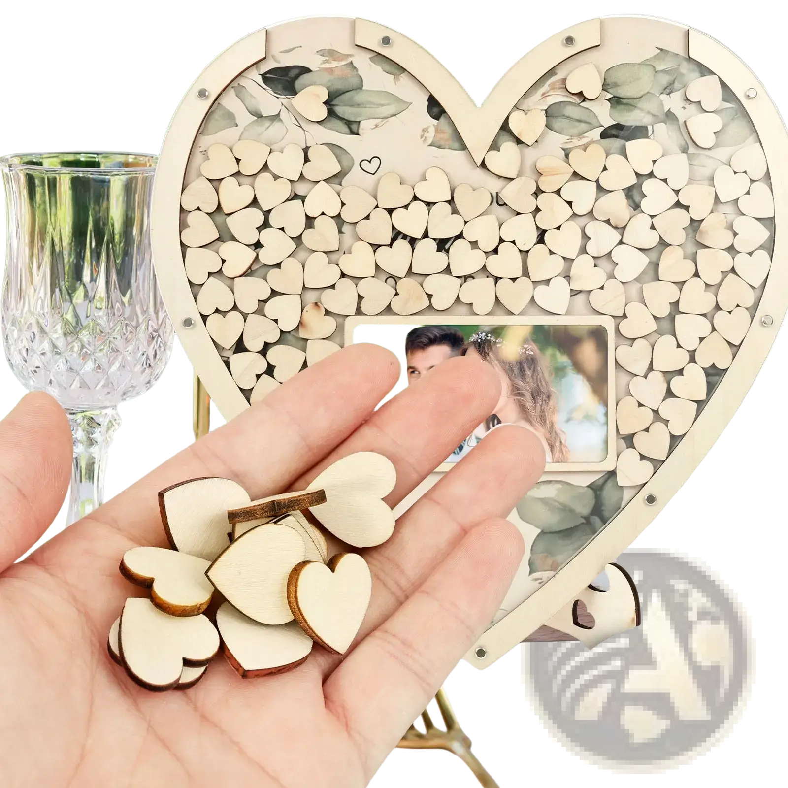 Wooden heart wedding guest book drop box frame with clear panel filled with light heart tokens and inset photo slot