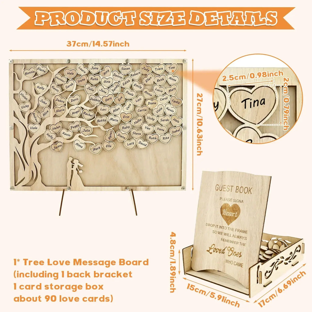 Light-colored wooden tree-shaped wedding guest book drop box frame with engraved heart-shaped name cards and matching box