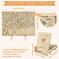 Light-colored wooden tree-shaped wedding guest book drop box frame with engraved heart-shaped name cards and matching box